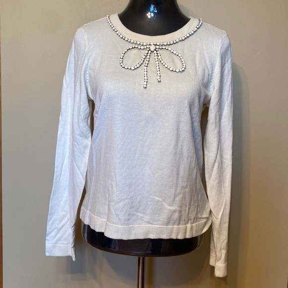 Charter Club Sweater Small Petite Ivory Beaded Bow Detail Coquette Soft Girl - Picture 1 of 9